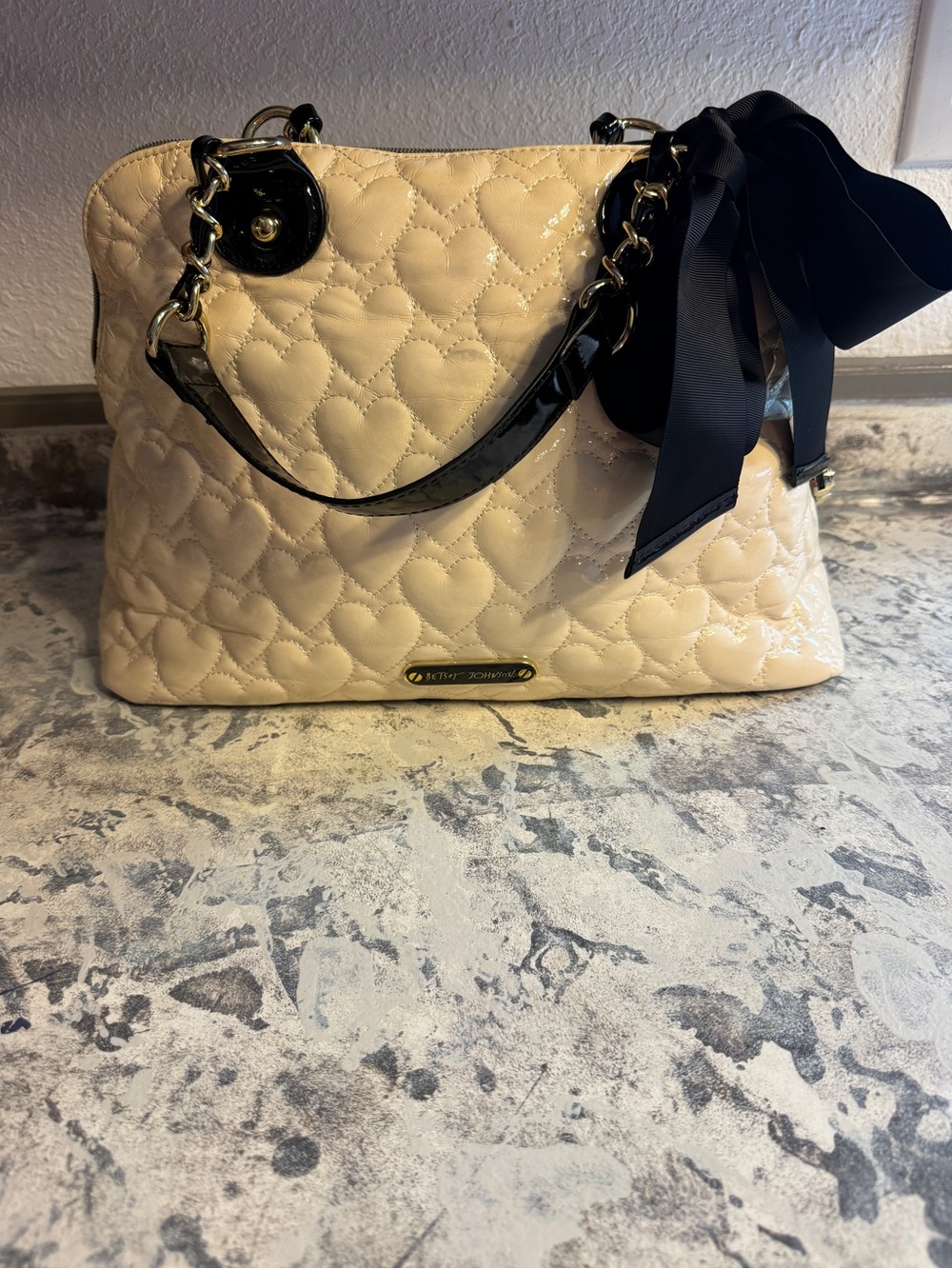 Betsey Johnson Cream Quilted Heart Bag with Black Bow Trim